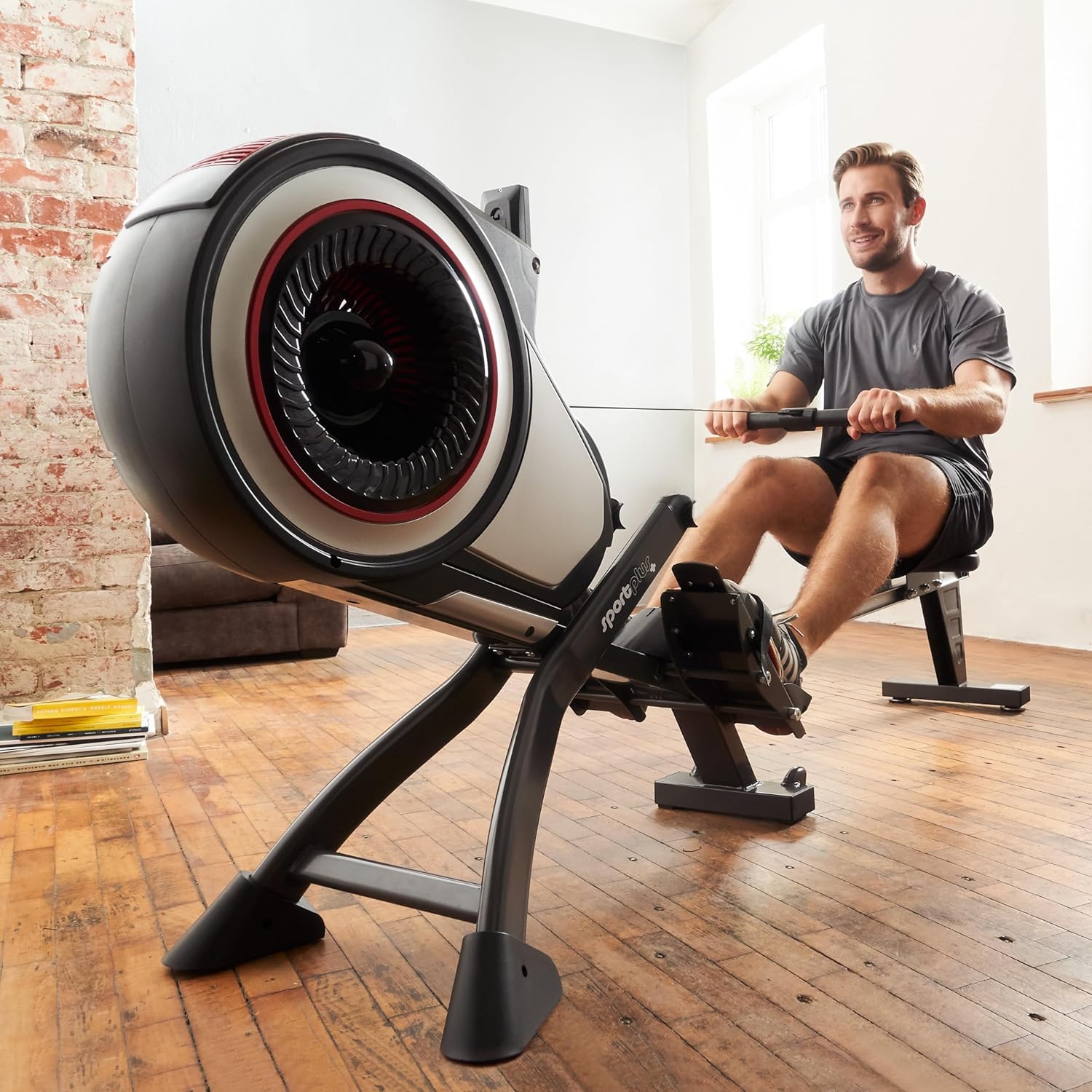 Rameur pour la Maison avec résistance à l'air (8 Niveaux), Disponible avec compatibilité App, Silent et Fluid, Poids de l'utilisateur jusqu'à 150 kg Black/Red + Non compatible avec l'application