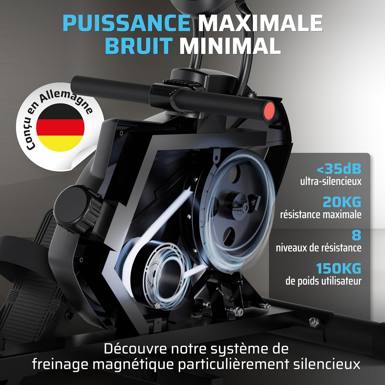 Rameur pour la Maison Pliable - Conçu en Allemagne - Système de freinage magnétique Silencieux - 8 Niveaux de résistance, Masse d'inertie de 8 kg - Capacité Maximale 150KG Black/Red - Non compatible avec l'application