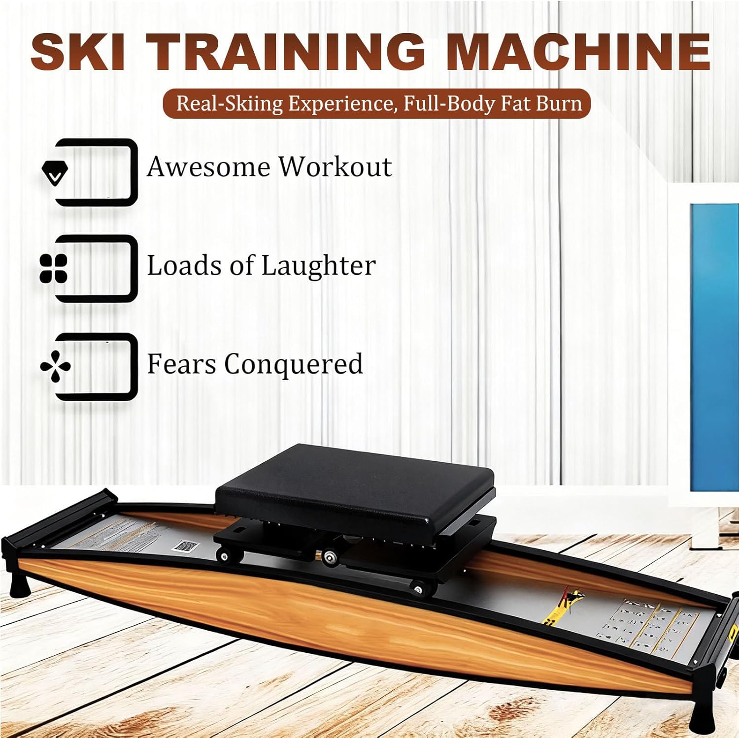 Simulateur Ski pour Entraînement Corps Entier - Équipement de Sport Maison avec Contrôle de Résistance, Entraîneur Jambes & Gainage pour Exercice Ski Indoor, Salle & Maison (Bois de Chêne)