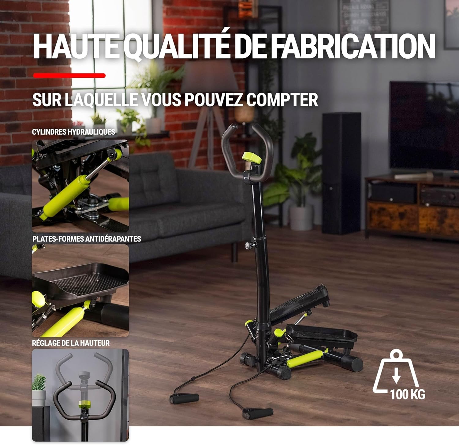 HOP-Sport® HS-055S Noble Stepper Fitness d’Appartement avec Guidon, Poignées et pédales réglables, Cordes d'entraînement et Compteur, Swing Side Noir-Vert citron