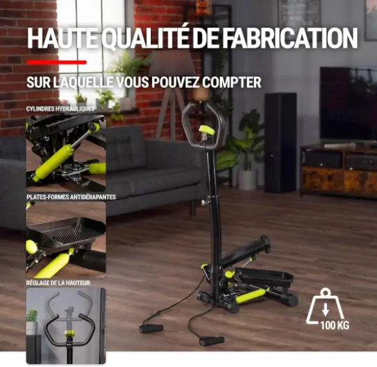 HOP-Sport® HS-055S Noble Stepper Fitness d’Appartement avec Guidon, Poignées et pédales réglables, Cordes d'entraînement et Compteur, Swing Side Noir-Vert citron