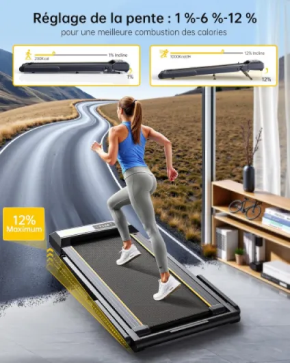 Tapis de Course, Vitesse Max 16 km/h, réglage de la Pente à 3 Vitesses, Max Pente 12%, Bande de Course Large 42cm, 2.5 HP, Tapis de Course électrique Pliable, Double écran LED, Mesure de la fréquenc Noir