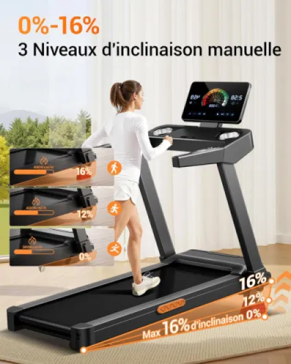 Tapis de Course Pliable Inclinable 16%, 14KM/H Tapis de Marche avec Surveillance de Fréquence Cardiaque, Treadmill Home avec Moteur 3,5CV et Affichage LED, Charge Max 180KG 16% Inclinaison