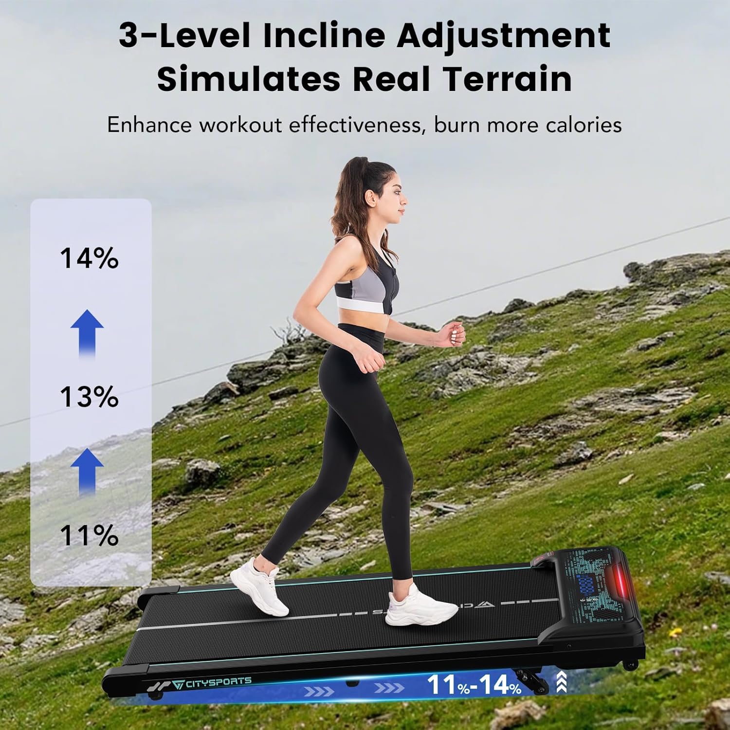 Tapis de Course Électrique Inclinable 11–14%, Tapis Roulant Silencieux 1–6 km/h, Écran LED, avec Télécommande, Tapis de Marche pour la Maison et Le Bureau Vert