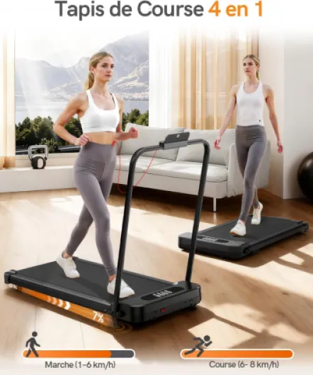 Tapis de Course Pliable avec Pente Réglable 7% – Tapis Roulant Électrique Silencieux 8 km/h, Moteur 2,5HP, Surface Large 40cm, Cadre Renforcé, Écran LCD, Charge 130kg – Maison & Bureau Noir brillant