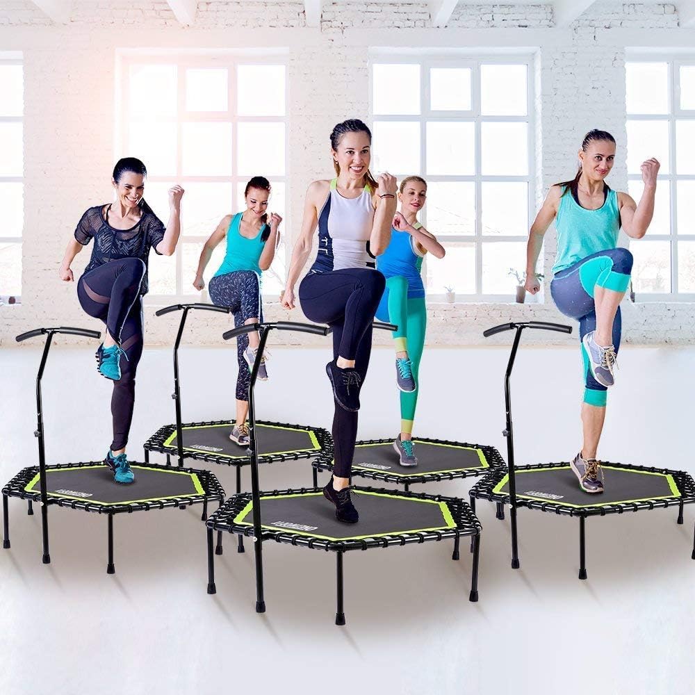 Mini Trampoline de Fitness Silencieux de 114,3 cm/121,9 cm/129,5 cm avec poignée réglable pour Fitness Trampoline de Fitness rebondisseur Saut Cardio entraînement pour Adultes ou Enfants 48inch Vert