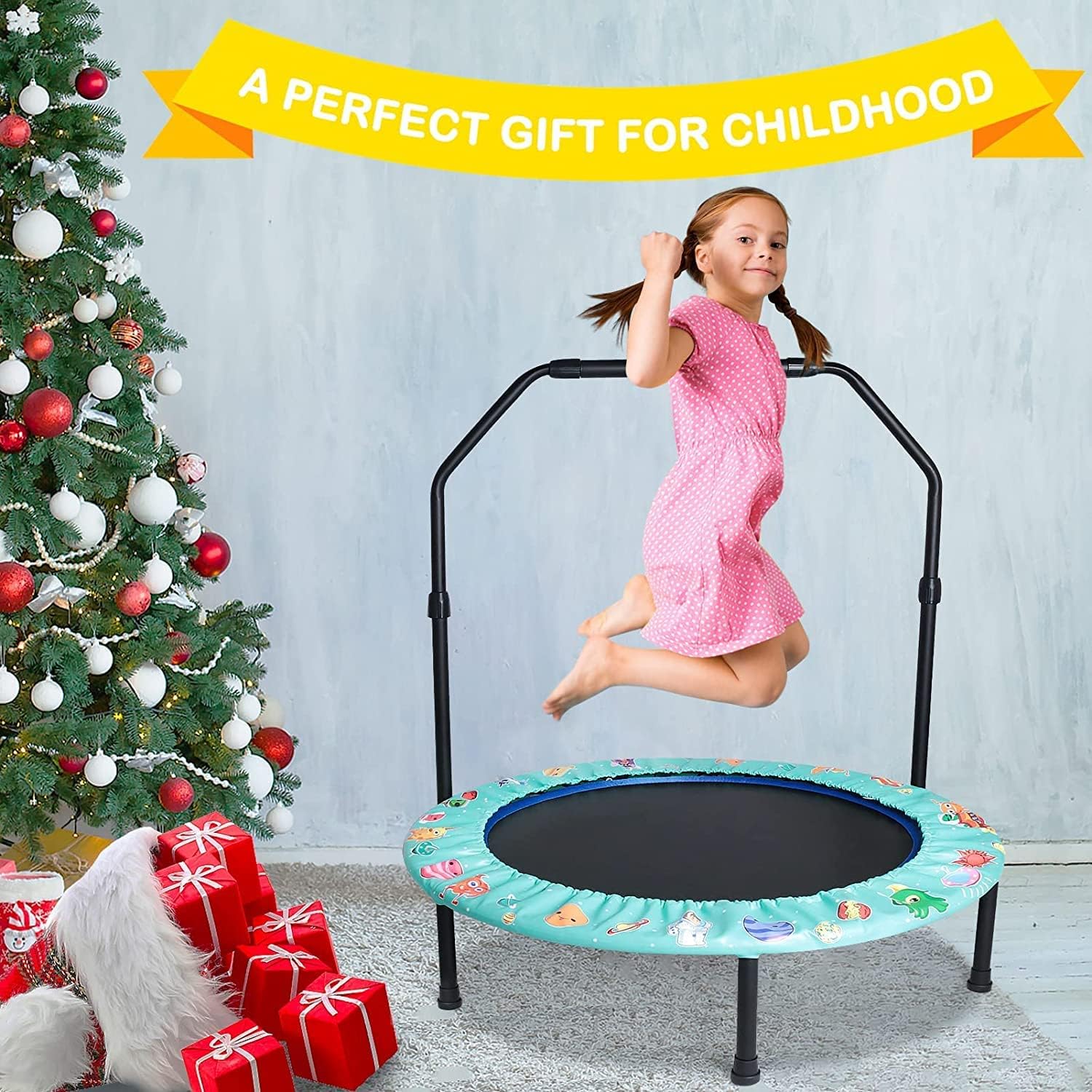 Trampoline de Fitness 92 cm pour Adultes et Enfants avec Poignée Réglable - Mini Trampoline de Fitness Pliable avec Rembourrage de Sécurité pour l'intérieur - Entraînement Cardio Vert