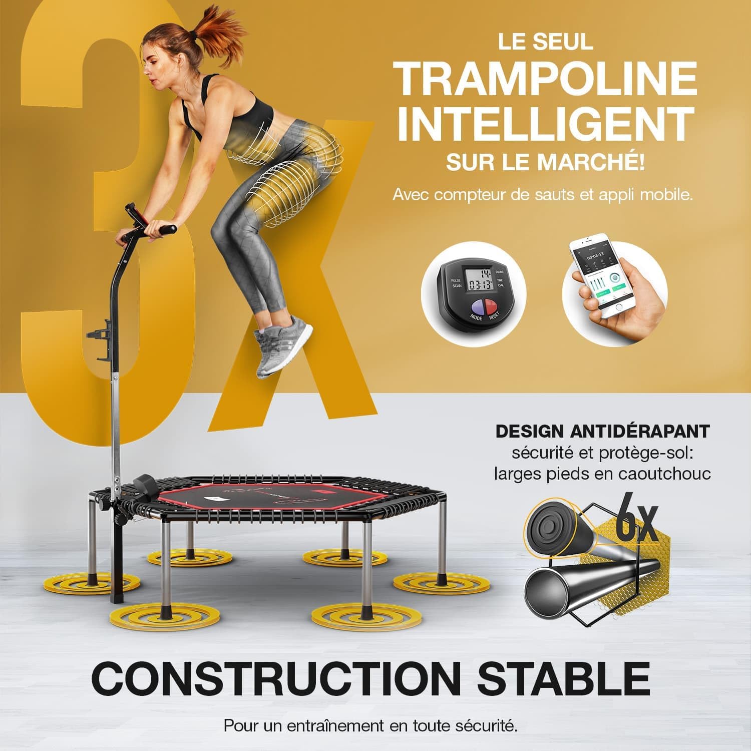Trampoline Fitness HTX100 - Home Trainer Tonifiant - Écran LCD Multifonctions - Support Smartphone - Porte-Bouteille - Montage Et Rangement Facile - L.127,3 x l.137,4 x H.111 cm