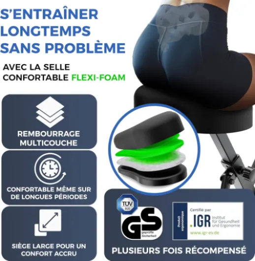 Vélo d’appartement pliable Set NEUF 2025 – silencieux & confortable [Selle confort FlexiFoam] – charge maximale 150 kg – velo d appartement certifié TÜV GS – vélo appartement pliant pour la maison