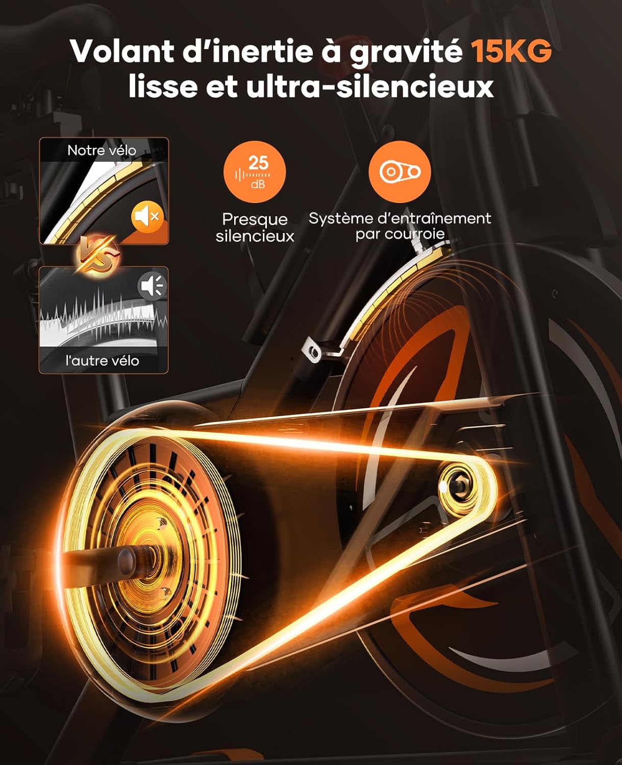 Velo D Appartement Magnetique, Velo Appartement Connecté APP, Résistance réglable, Vélo d'intérieur avec silencieux, Vélos D'appartement avec fréquence cardiaque Capacité 160KG orange