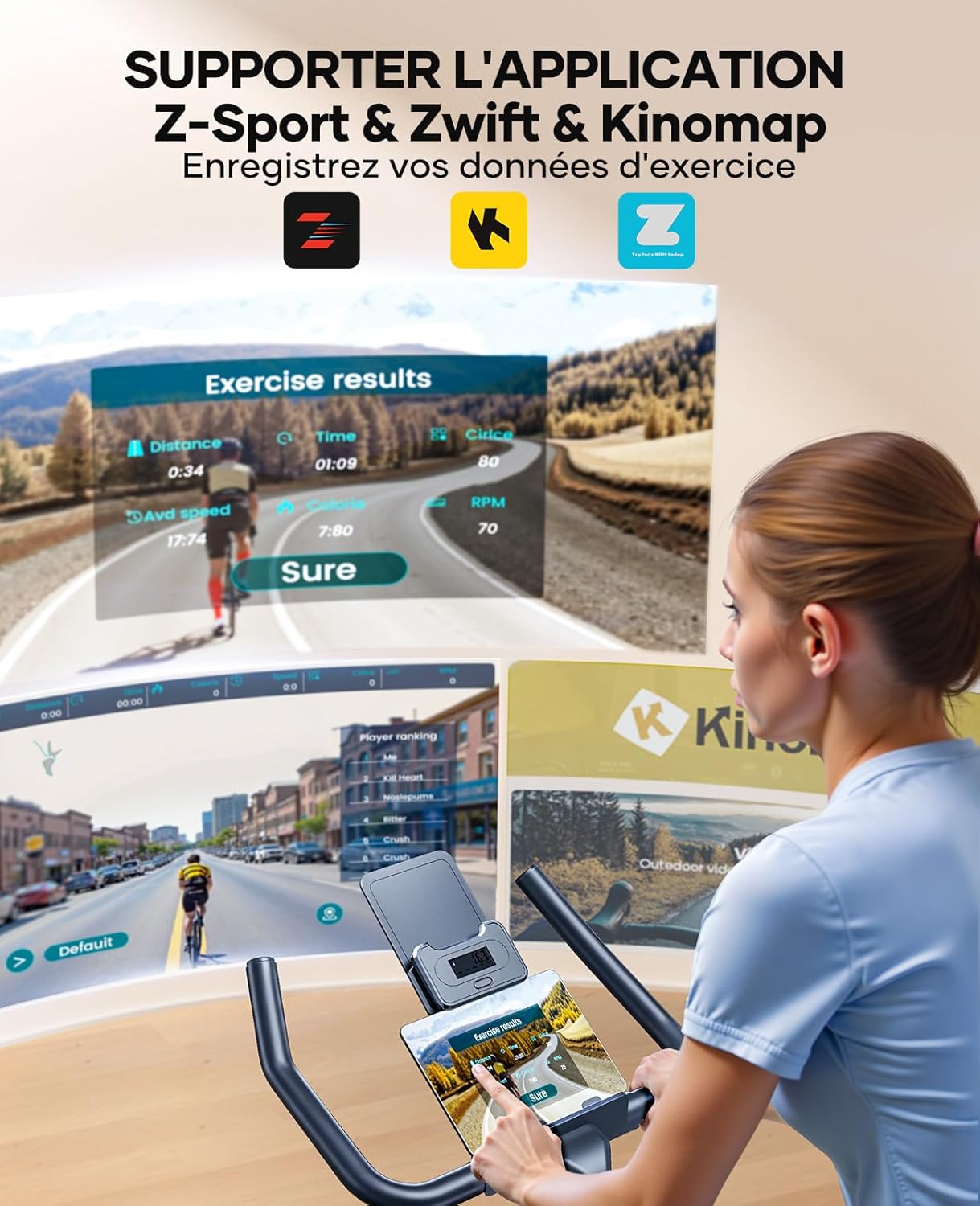 Velo d appartement,Vélo d'appartement connecté APP, 0-100% Résistance réglable,Vélo d'exercice silencieux d'intérieur,Velo appartement avec Système d’Amortissement,Capacité 160 kg Bleu-noir