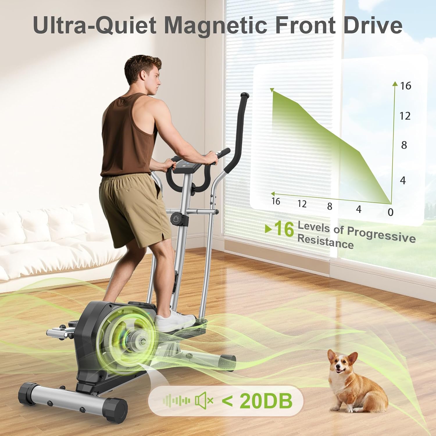 Vélo elliptique Magnétique avec 16 Niveaux de Résistance,Pulse Rate Grips & LCD Monitor,Pédale antidérapante,Velo elliptiques pour la Maison avec Porte-Bouteille,Capacité Max 130KG Argent Écran LCD (Classique)