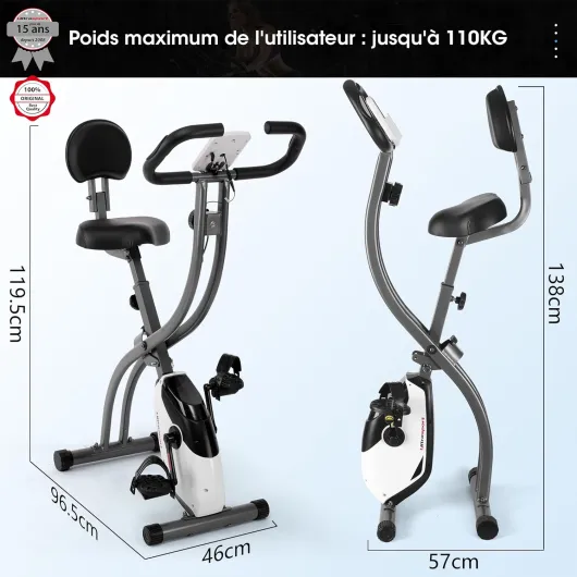 F-Bike Vélo d’Appartement Pliable I Vélos d'Appartement Extra Silencieux jusqu'à 130 kg avec Selle Confort, Velo d Appartement Pliable Argent/Noir Avec dossier