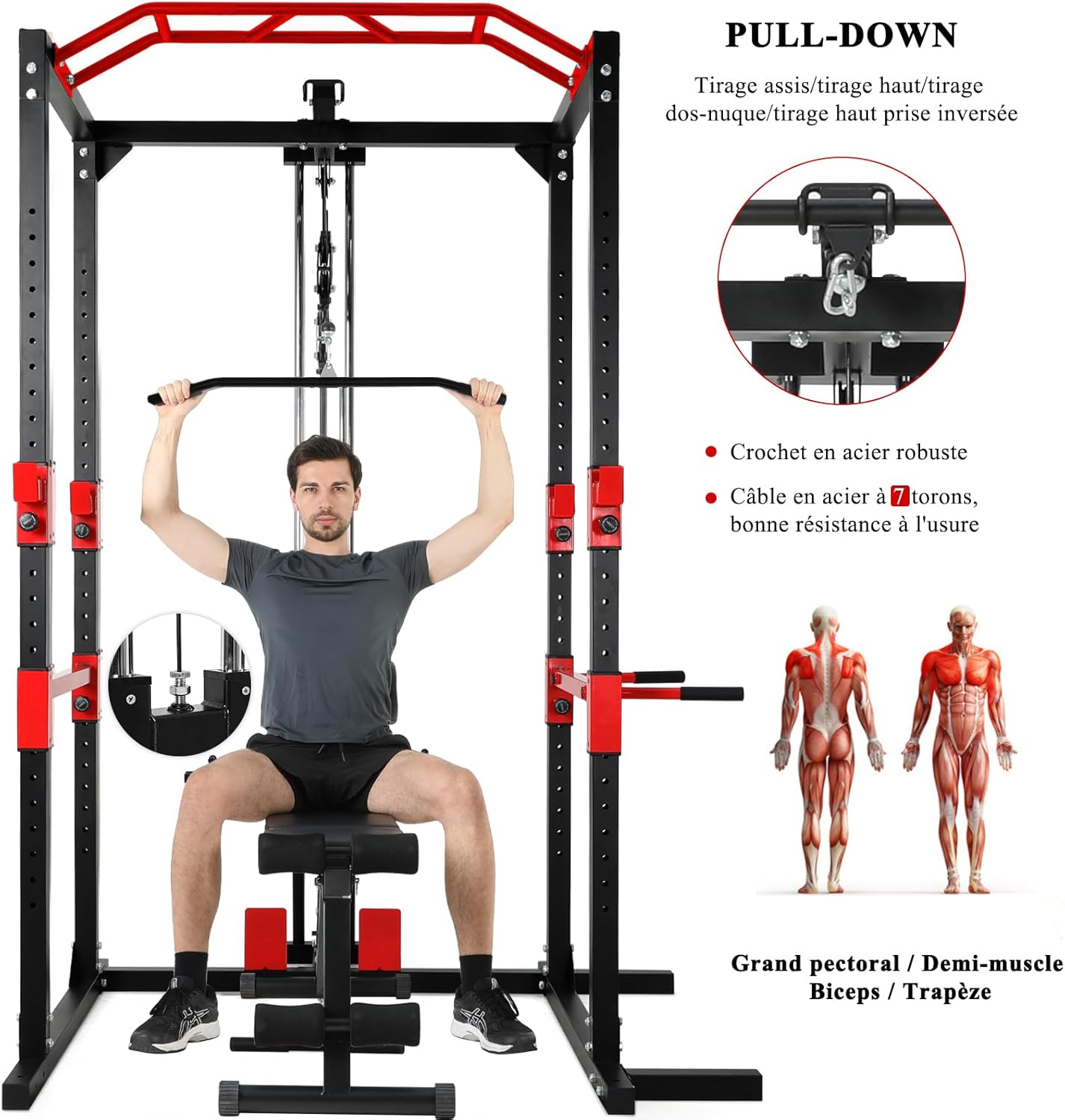 Cage de Musculation Power Rack Cage Squat, Station de Musculation, Barre de Traction et Dips, Barre Multi-Prises et Maintien des Jambes Réglable, Cage Musculation Acier, Rack Musculation