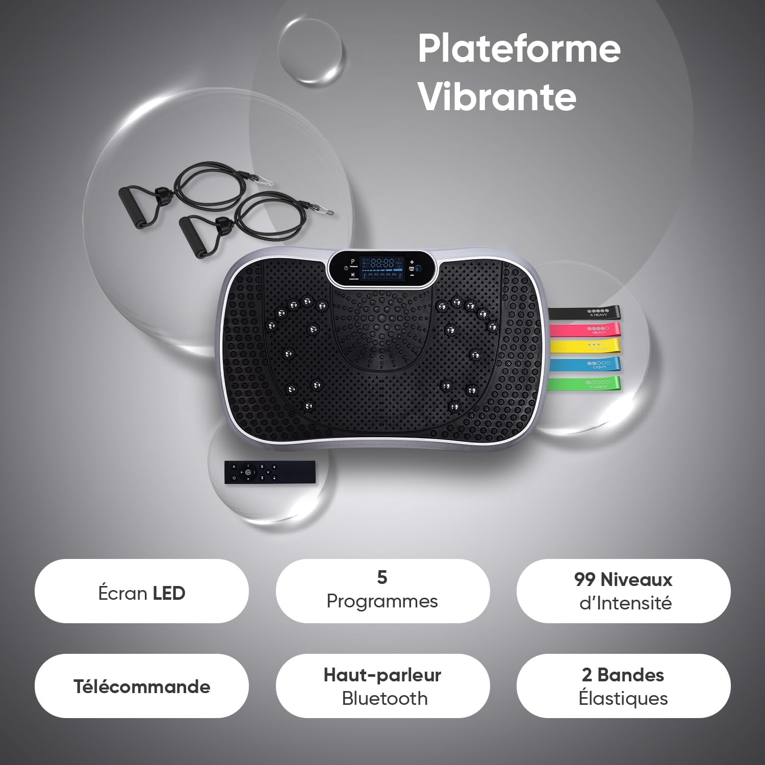 Plateforme Vibrante Certifiée CE Plateforme Oscillante, 99 Niveaux d’Intensité et 5 Programmes, Plaque Vibrante Maison Antidérapante avec Haut Parleur Bluetooth & Télécommande
