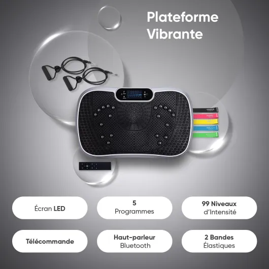 Plateforme Vibrante Certifiée CE Plateforme Oscillante, 99 Niveaux d’Intensité et 5 Programmes, Plaque Vibrante Maison Antidérapante avec Haut Parleur Bluetooth & Télécommande