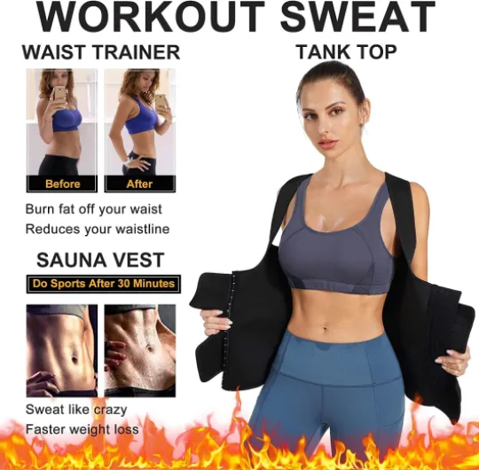 Gilet de Sudation Femme Débardeur Minceur Sauna néoprène Gaine Amincissante Ventre Plat vêtements de Sudation Sport M Noir