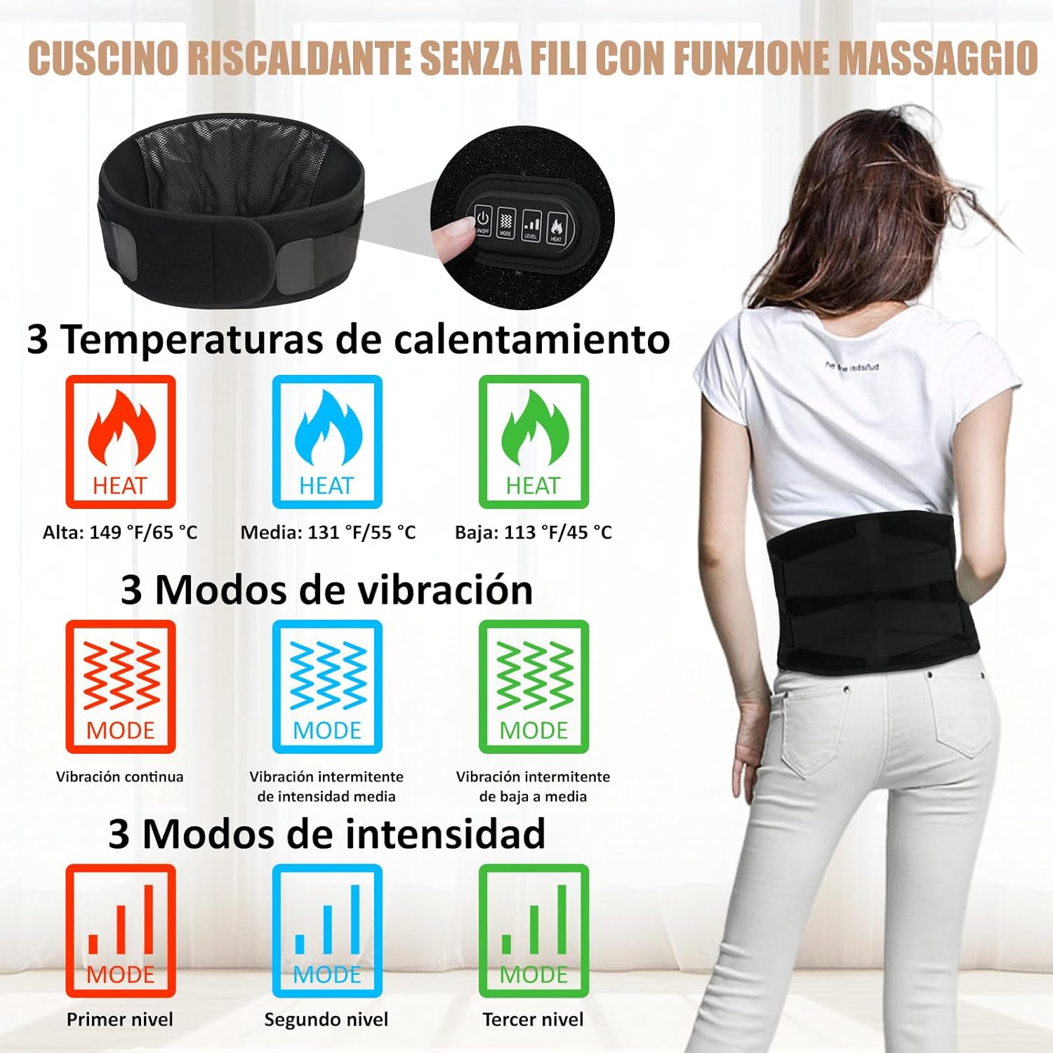 Ceinture chauffante de massage contre les maux de dos avec batterie de 10 000 mAh, sangle de 150 cm, sangle réglable, ceinture chauffante électrique avec 3 modes, 3 intensités, avec minuterie