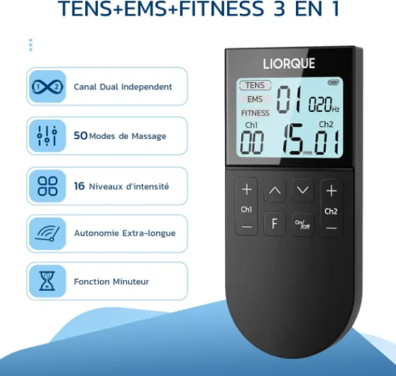 Électrostimulateur Musculaire, Stimulateur Musculaire TENS avec 2 Canaux Indépendant, Avec 3 Modes de Fonctionnement de TENS/EMS/FITNESS pour un total de 50 Programmes de Massage-Noir