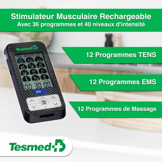 Trio 6.5: Électrostimulateur Musculaire Rechargeable par USB - 36 Programmes, 40 Niveaux d'Intensité, 4 Électrodes - EMS, TENS et Massage - Idéal pour Fitness et Thérapie de la Douleur