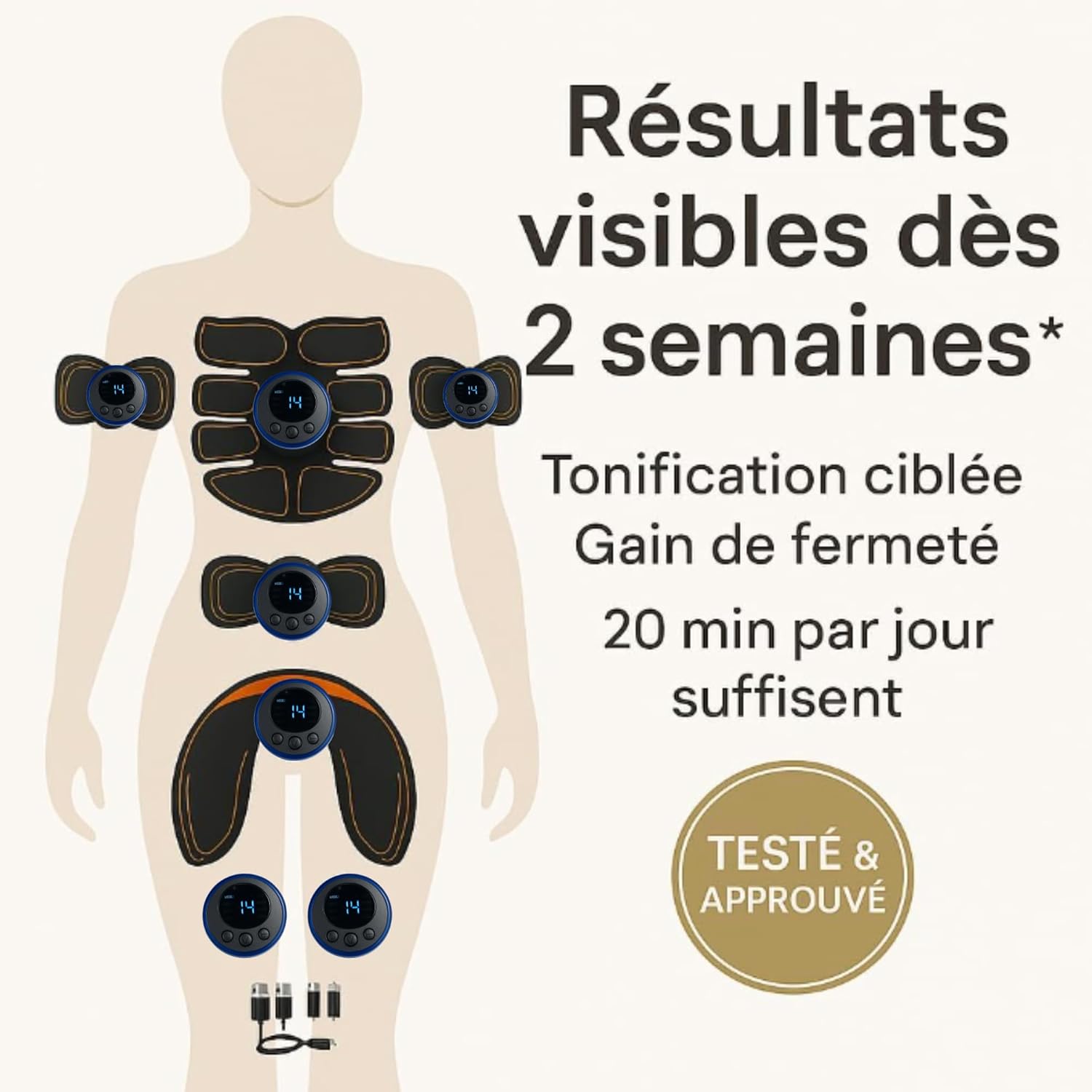 Appareil Electrostimulateur musculaire - ceinture abdominale electrostimulation et fessier- KIT EMS :Abdos + Electrodes Fessiers, Bras,Cou/Nuque, 8 Modes,14 Niveaux - Appareil Fitness rechargeable Noir