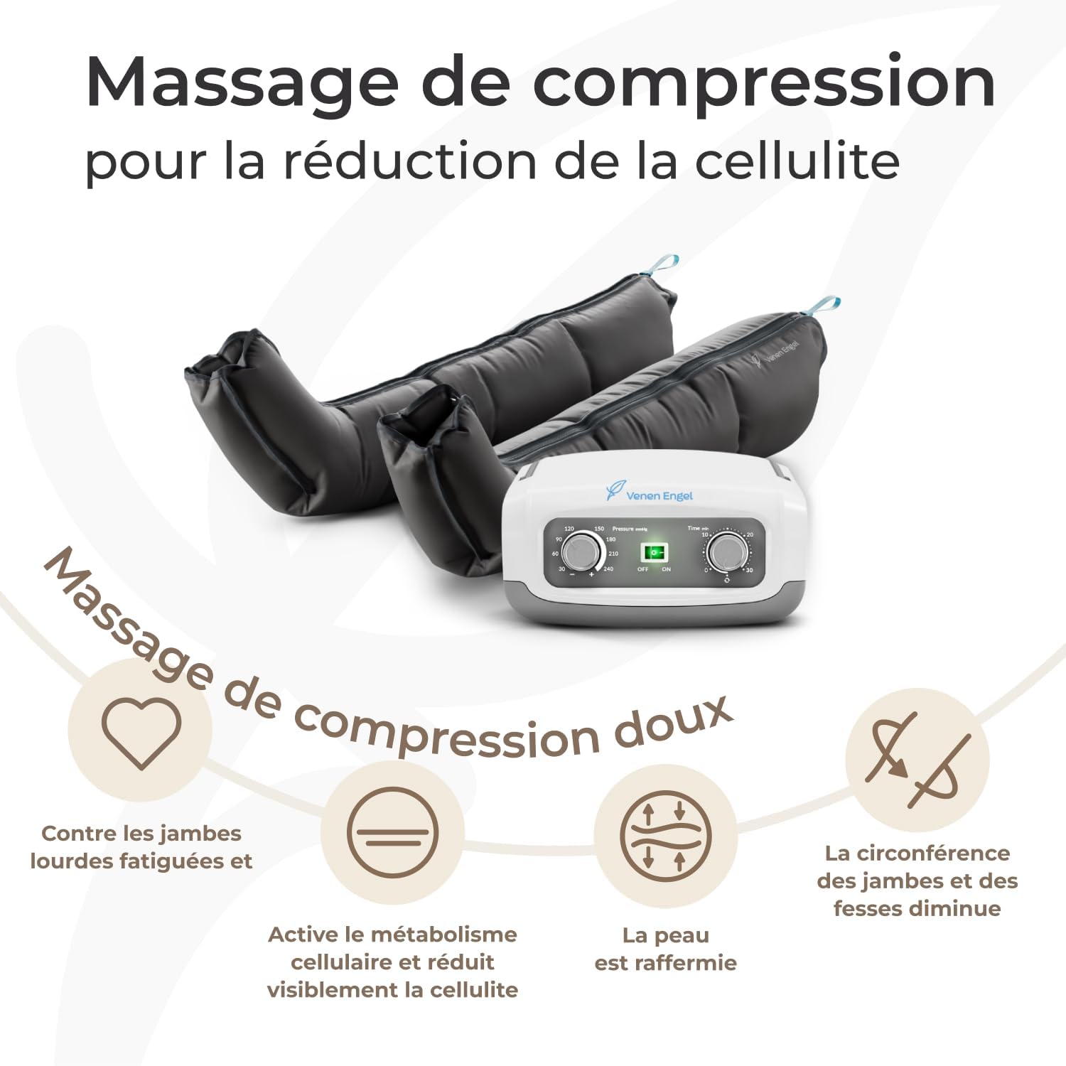 Vein Angel ® 4 appareil de massage par glissement avec bottes, 4 coussins d'air, durée & pression réglables facilement poignets de jambe