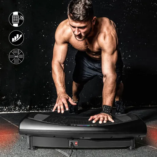 FitEngine Plateforme vibrante 4D - 60 Niveaux d'intensité & 4 Modes de Vibration - Design incurvé avec éclairage LED - avec Commande Bracelet, Bandes d'expansion et Connexion sans Fil