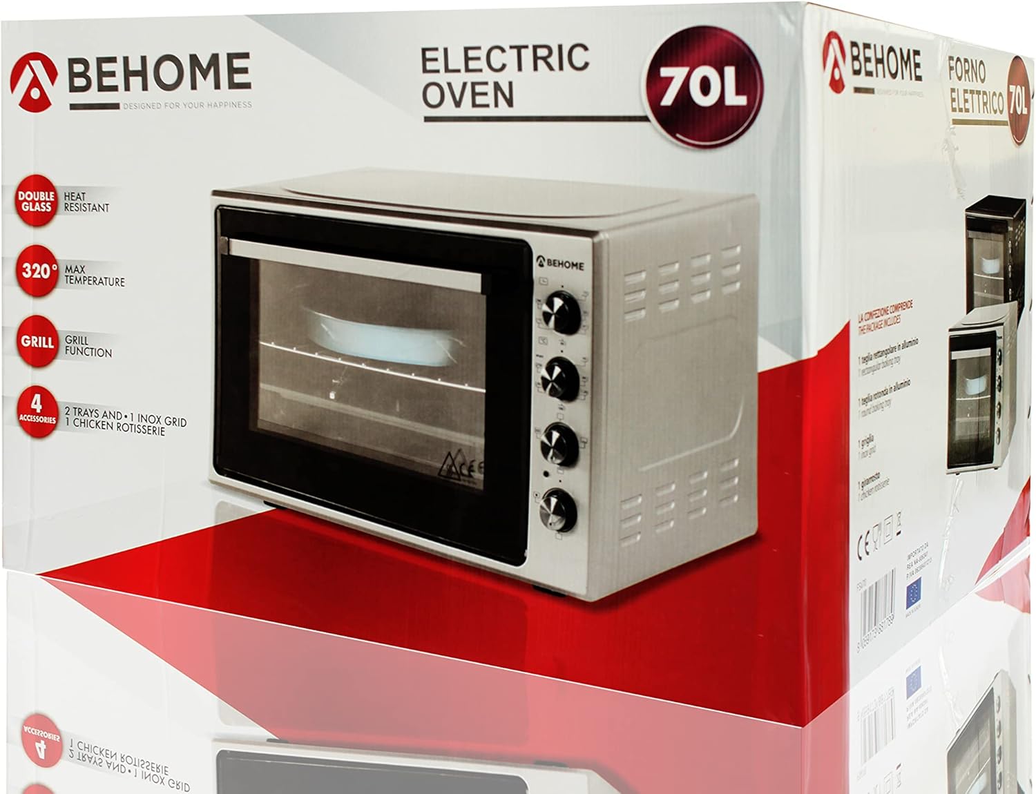 Four électrique ventilé 70 L avec tournebroche, auto-nettoyant, émaillé, température jusqu'à 320 °C, double vitre avec lumière intérieure et minuteur, 1 tournebroche, 2 plaques et 1 grille (gris)