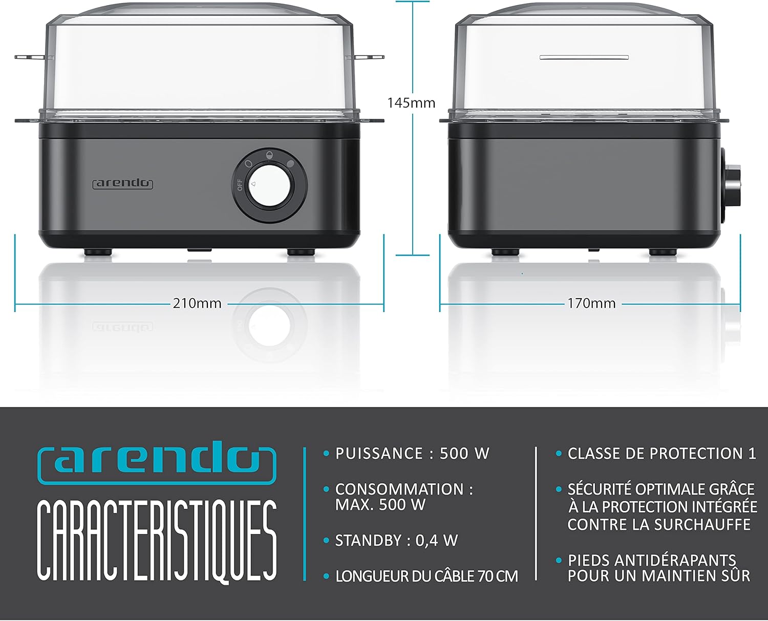 Cuiseur à œufs en acier inoxydable Eightcook 500 W - Egg cooker 1 à 8 œufs - Bouton pour trois degrés de dureté, à la coque, mollet ou dur - Œufs pochés, Verre doseur avec Perceur d’œufs B: Cool Grey