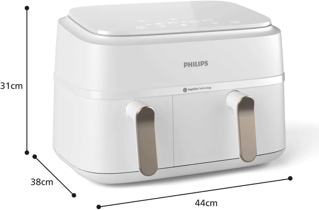 Airfryer Série 3000 - Air Fryer Double Panier, 9L, Technologie RapidAir, jusqu'à 90% de matières grasses en moins, Economies d'énergie, Application HomeID, coloris Blanc (NA353/10)