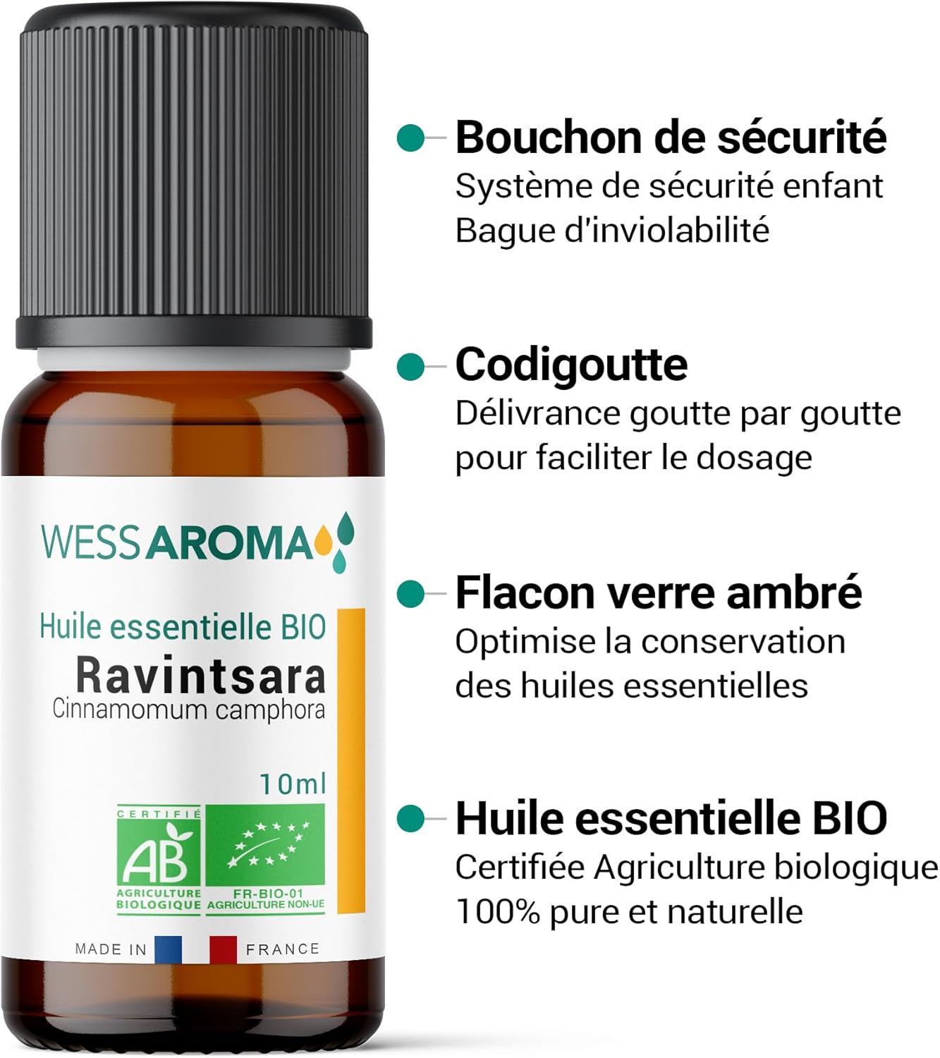Huile Essentielle BIO de Ravintsara 10ML - Certifiée AB - 100% Pure & Naturelle, Chémotypée HEBBD - Pratiques agricoles durables - Analysée et conditionnée en France Ravintsara 10 ml (Lot de 1)