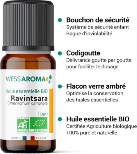 Huile Essentielle BIO de Ravintsara 10ML - Certifiée AB - 100% Pure & Naturelle, Chémotypée HEBBD - Pratiques agricoles durables - Analysée et conditionnée en France Ravintsara 10 ml (Lot de 1)
