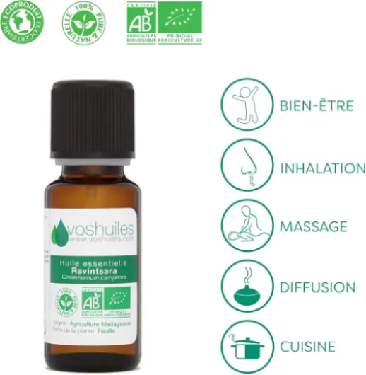 Voshuiles - Huile Essentielle Ravintsara Bio 10ml - Utilisation Polyvalente et Alimentaire - Parfum Frais - Huiles Essentielles de Qualité - 100% Pure et Naturelle - HEBBD et Certifiée ECOCERT