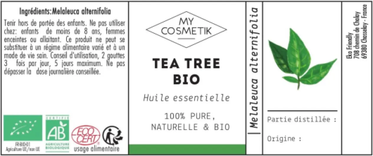 MyCosmetik - Huile Essentielle de Tea tree BIO AB - Issue de l'agriculture Biologique - Chémotypées HEBBD/HECT - 100% pure et naturelle - Certifié ECOCERT - Fabriqué en France - 10 ml Arbre à thé 10 ml (Lot de 1)