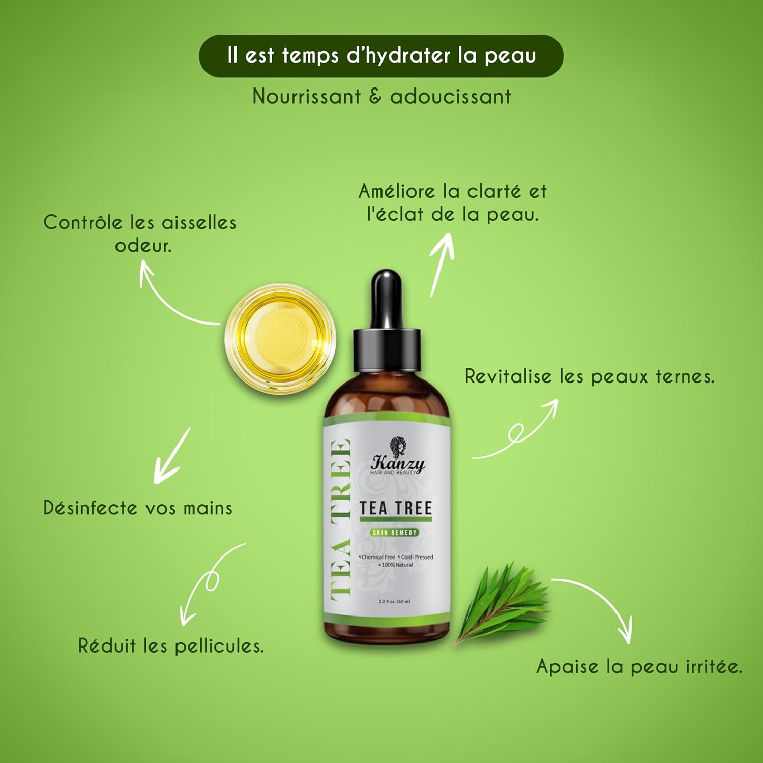 Huile Essentielle Tea Tree 60ml Naturelle Vegan Huile Arbre à Thé pour le Visage, Ongles et les Soins de la peau Huile 60 ml (Lot de 1)