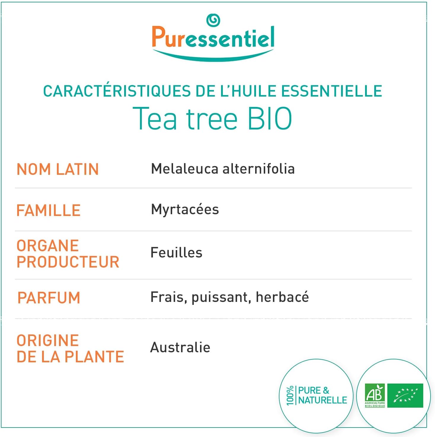 Huile Essentielle Tea Tree BIO – Contribue à la défense antivirale – 100% pure et naturelle – HEBDD – Melaleuca alternifolia – 10 ml