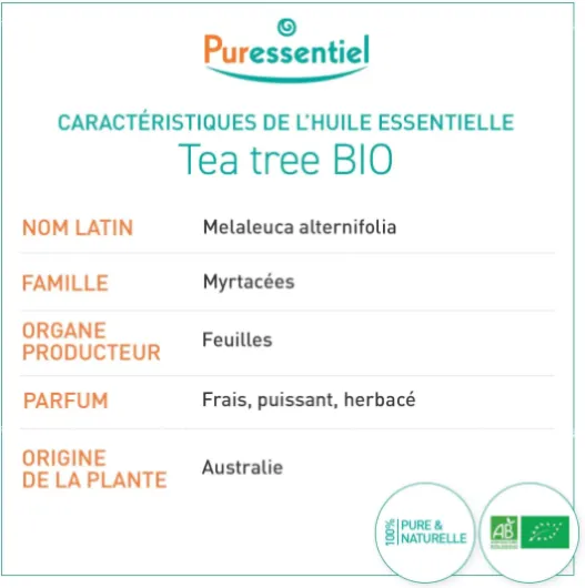 Huile Essentielle Tea Tree BIO – Contribue à la défense antivirale – 100% pure et naturelle – HEBDD – Melaleuca alternifolia – 10 ml