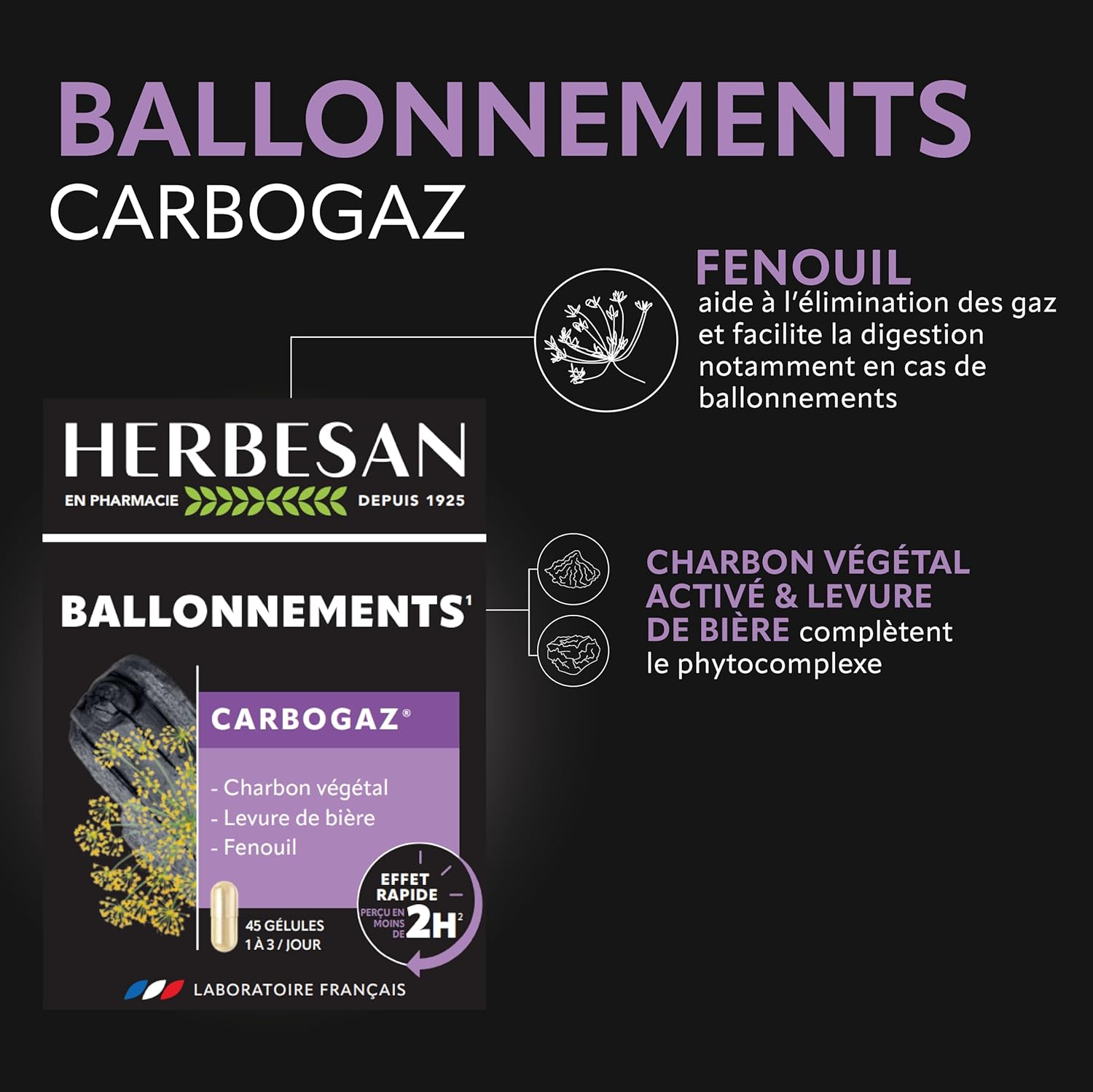 ®-CARBOGAZ - Ballonements - Charbon végétal, Levure de Bière, Fenouil - Fabrication française - 45 gélules