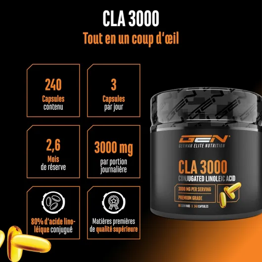 CLA 240 gélules de 1000 mg – Extra hautement dosé avec 3000 mg par prise – Acide linoléique conjugué pur – Qualité premium – German Elite Nutrition