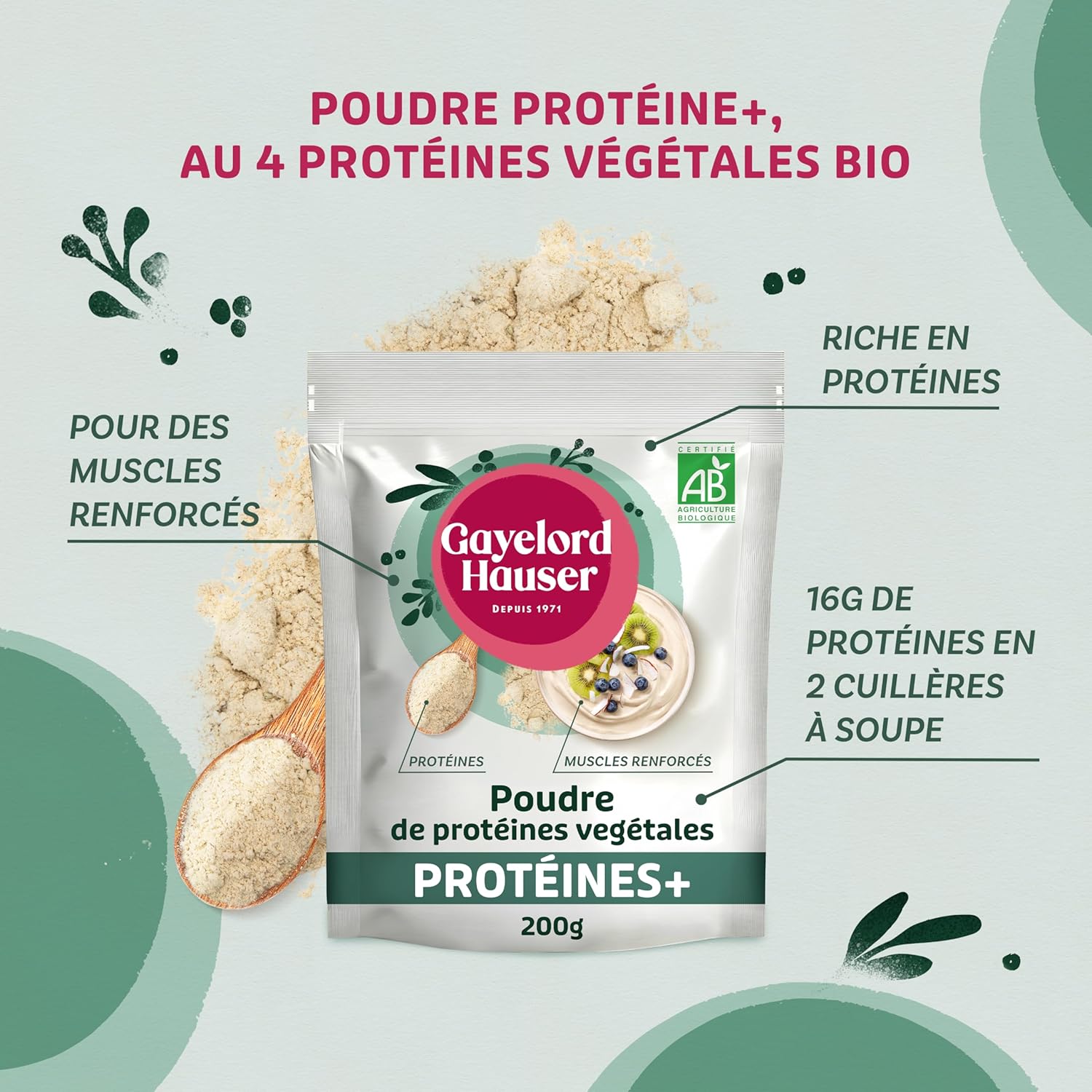 Poudre de Protéines végétales Bio – 2 Cuillères à Soupe - 16 g de Protéines – Adaptée aux Végétaliens – À Mélanger dans Smoothies, Yaourts ou Shaker – 200 g