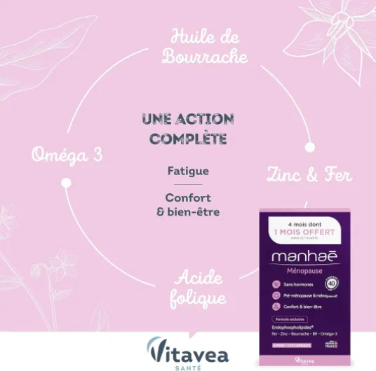 Manhaé-Complément Alimentaire Ménopause Pré-Ménopause Sans Hormones-Confort & bien-être -Acide Folique, Omega 3, Zinc, Fer-120 gélules - Cure de 4 mois-Fabriqué en France