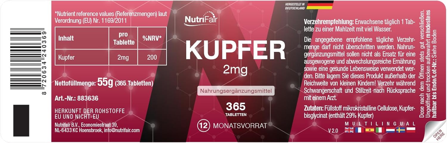 Cuivre 2 mg - 365 comprimés - Bisglycinate de cuivre - Dosage élevé - 100% végétalien - Production et tests en laboratoire en Allemagne - NutriFair - Premium & Fair