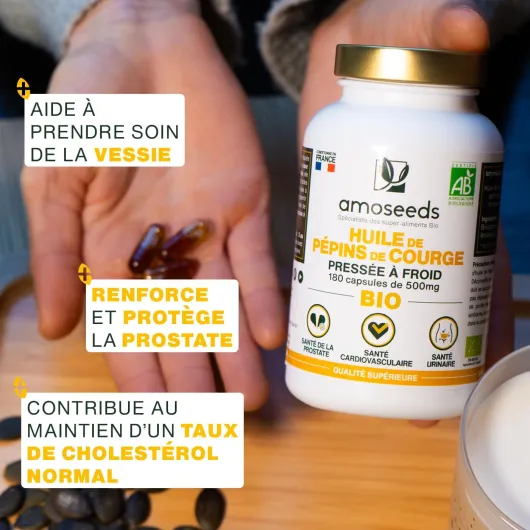 Huile de Pépins de Courge BIO - Prostate, Santé urinaire - Huile pressée à froid - 180 capsules végétales, vegan - Conditionné en France - Qualité Supérieure