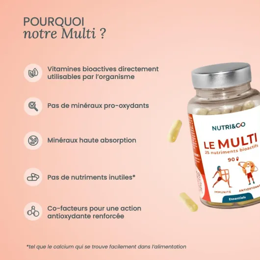 NUTRI & CO Multivitamines et Minéraux 25 Nutriments - Vitamines A B C D3 E K2 + Minéraux dont Magnésium et Zinc - Haute Absorption - 90 Gélules Vegan Friendly Conditionné en France 90 unité (Lot de 1)