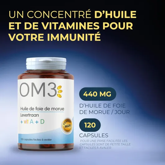 Huile de Foie de Morue, Vitamine A et D -Défenses immunitaires - Vision -Ossature normale - Maxi format -120 capsules 120 unité (Lot de 1)