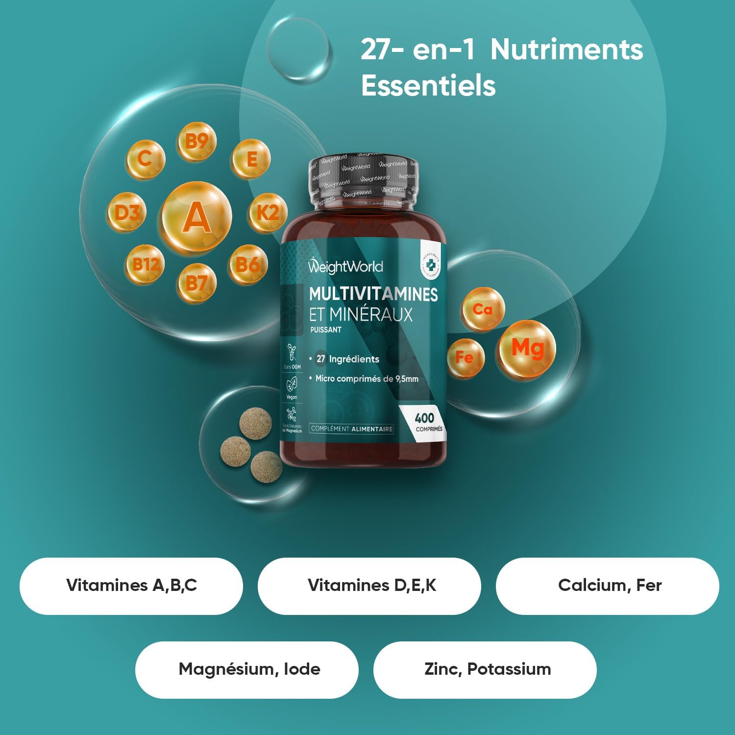 Multivitamines et Minéraux, 400 Micro-Comprimés Vegan (+ 1 An), 27 Nutriments Essentiels - Vitamines A B C D E K,Calcium, Magnesium, Zinc, Fer, Iode, Potassium, Vitamines, Minéraux et Compléments