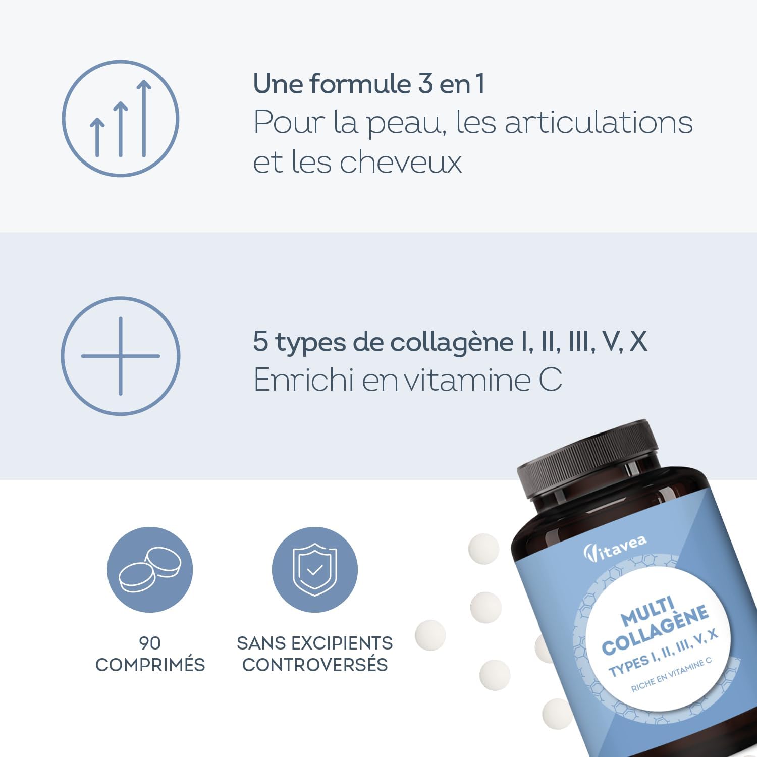 Multi Collagène 5 Types I, II, III, V, X - Peptide de Collagène Hydrolysé & Collagène Marin - Enrichi en Vitamine C - Peau, Cheveux et articulations - 90 Comprimés - Fabriqué en France - Vitavea