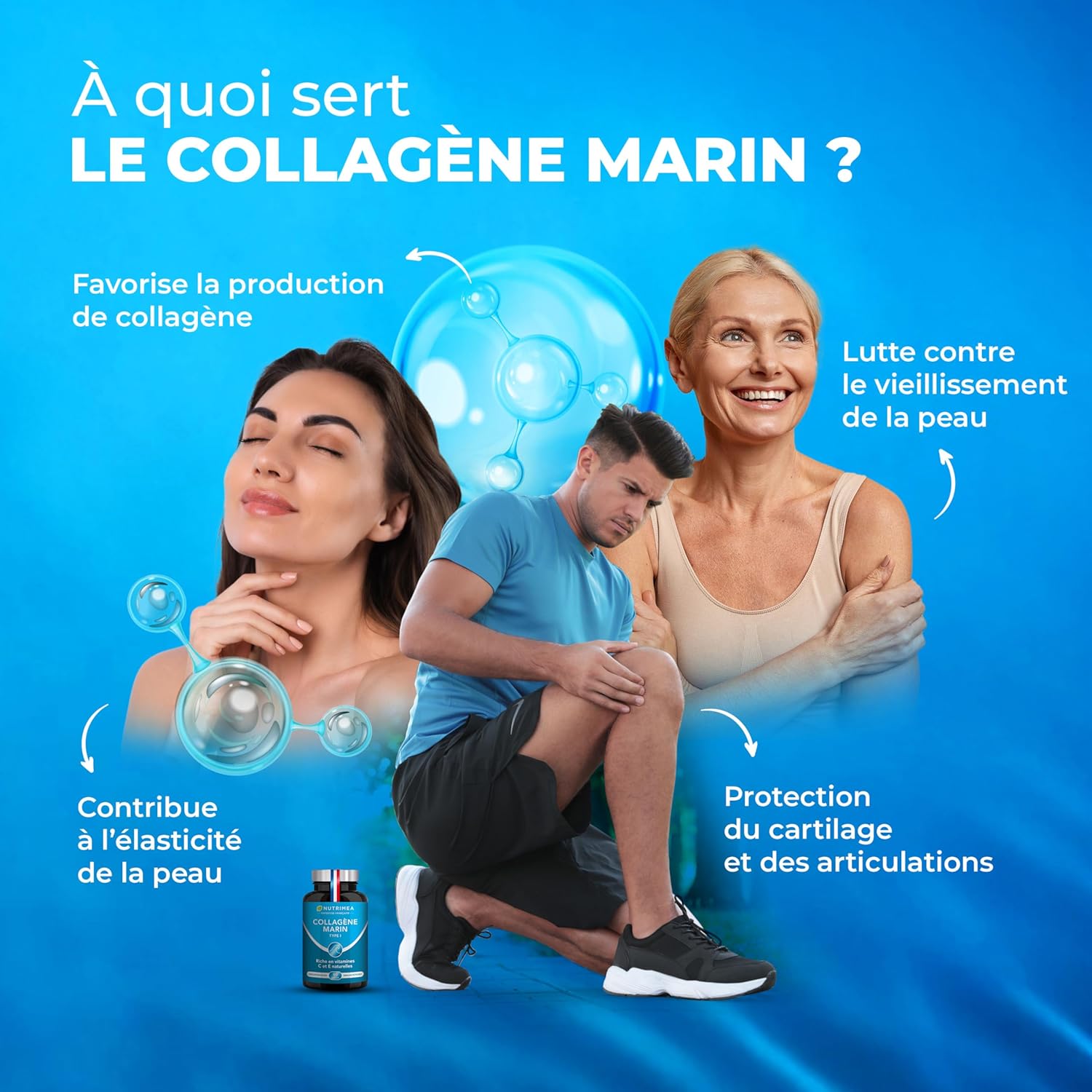 COLLAGENE MARIN - Type 1 BREVETÉ Pur et Naturel - Vitamines A, C & E Végétales - Nutrimea - Hydratation de la Peau - Protège Os et Articulations - 900 mg - 90 Gélules - Fabriqué en France