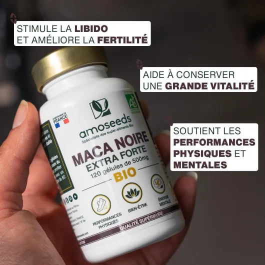 Maca Noire BIO du Pérou - Extra Fort 10 000mg par jour - 120 gélules vegan - Régulateur Hormonal, Détente, Énergie - Qualité Supérieure pour Sommeil,Stress