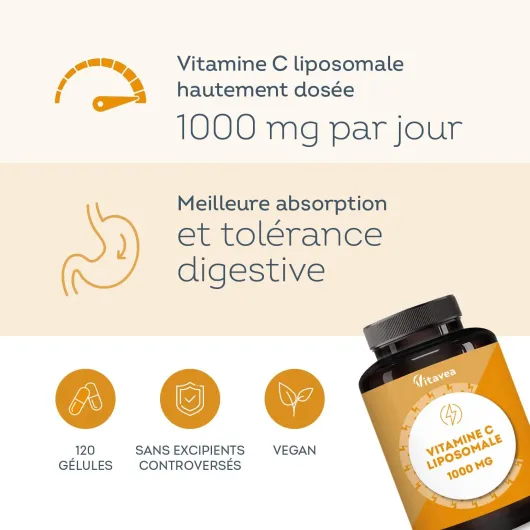 Vitamine C Liposomale 1000mg Haute Absorption - 120 Gélules Vegan - Antioxydant, Anti-Fatigue, Immunité Adulte - Fabriqué en France - Vitavea